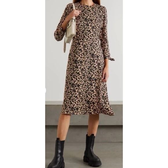Reformation Port Dress 3/4 Sleeves Leopard Print Midi Women's Size 6 Brown Black - Picture 2 of 11